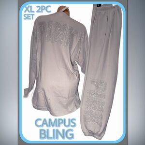 NEW XL VICTORIAS SECRET PINK CAMPUS BLING SET RHINESTONE PULLOVER T & SWEATPANTS